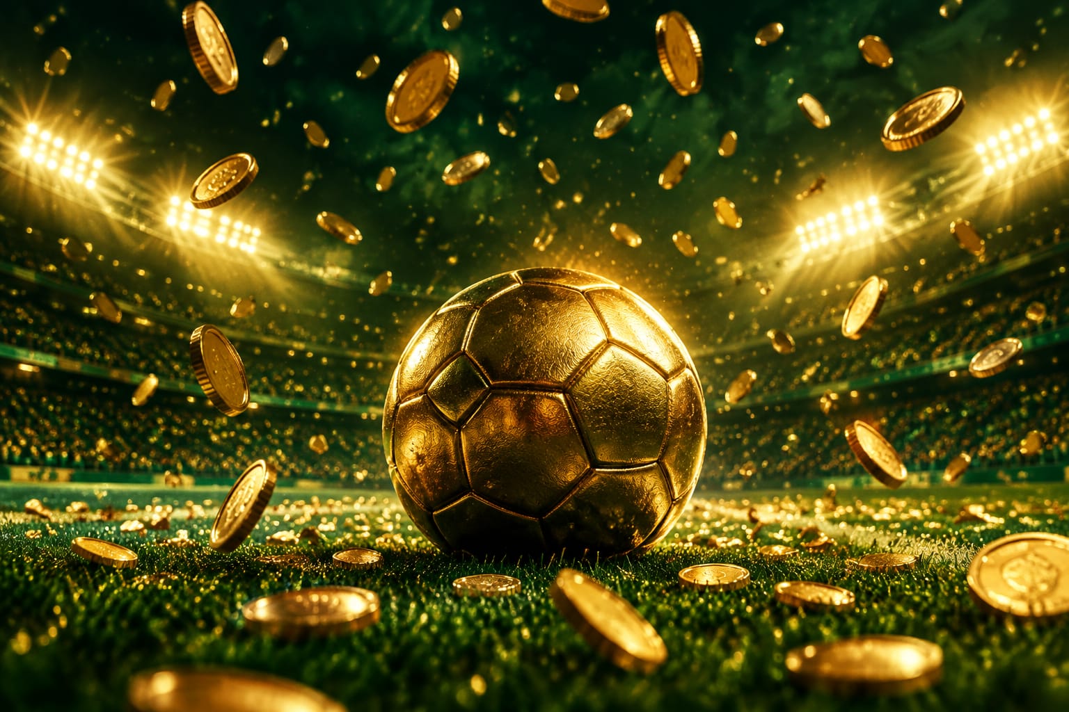 A golden ball under a shower of coins
