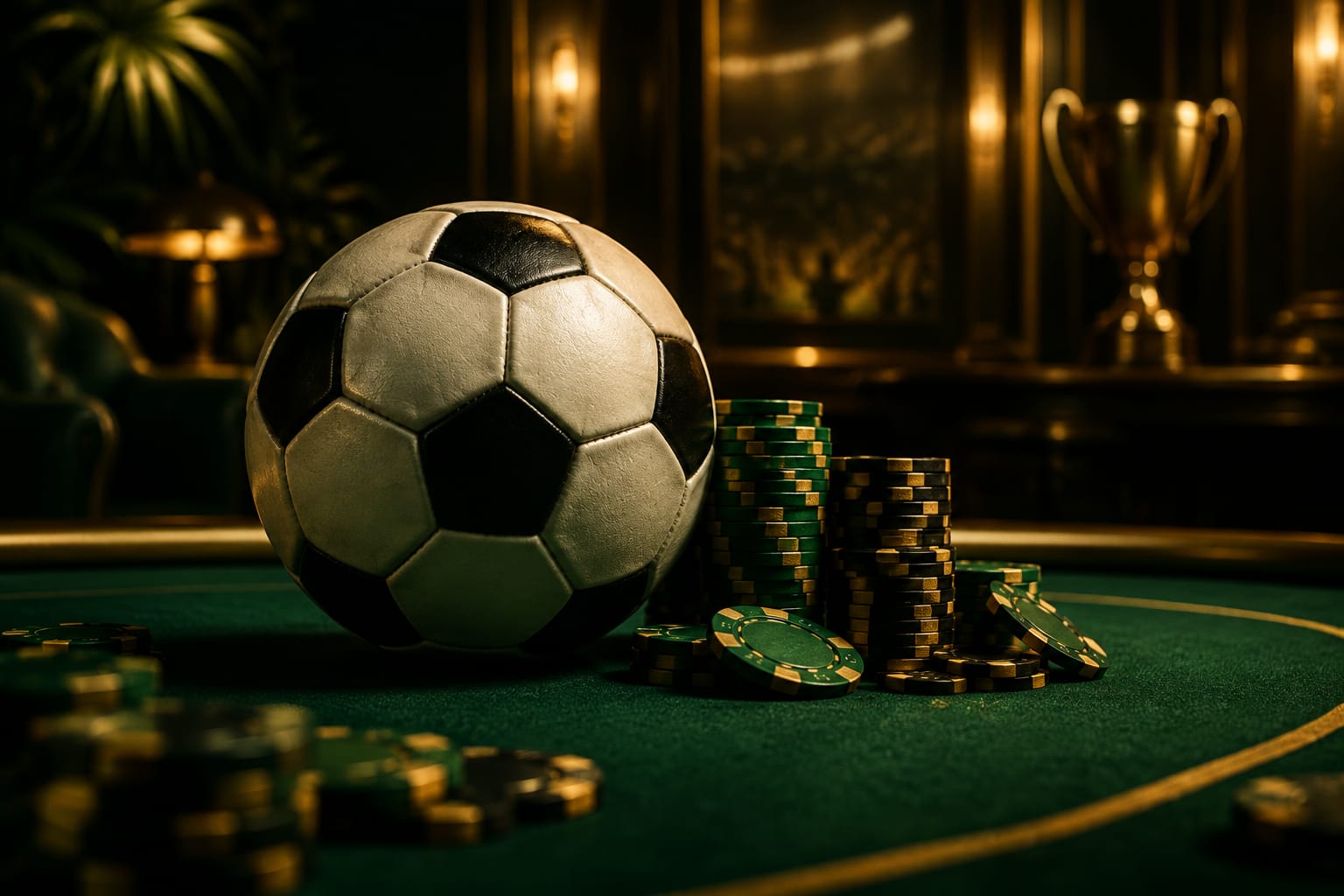 A football on a green casino table beside chips