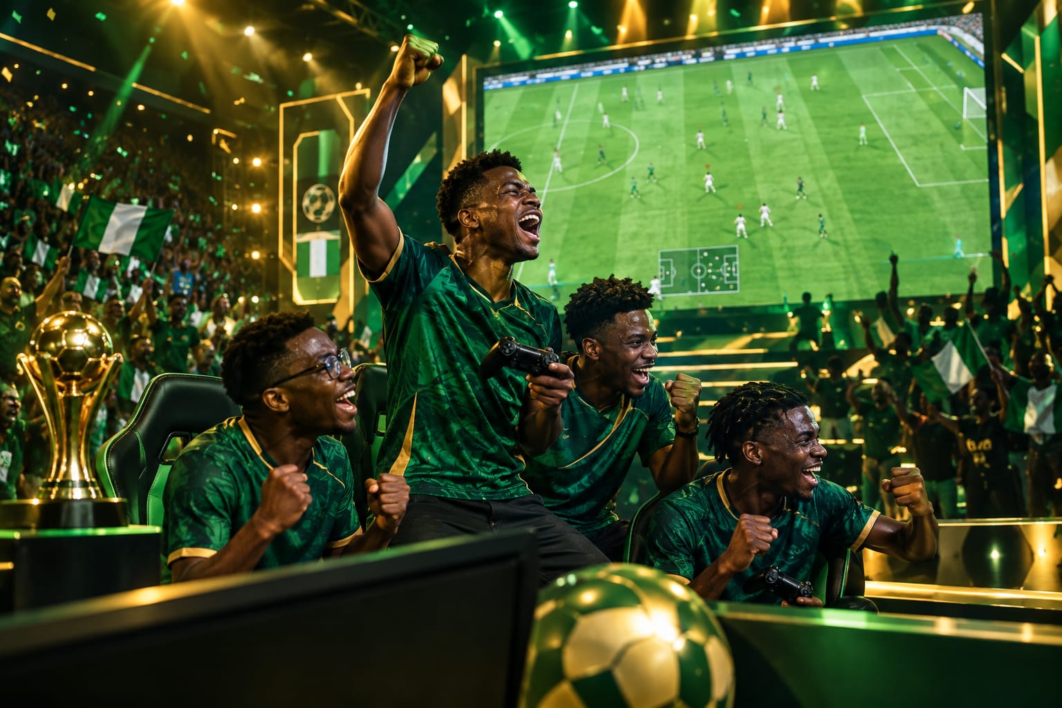 An eSports team celebrates a win on stage