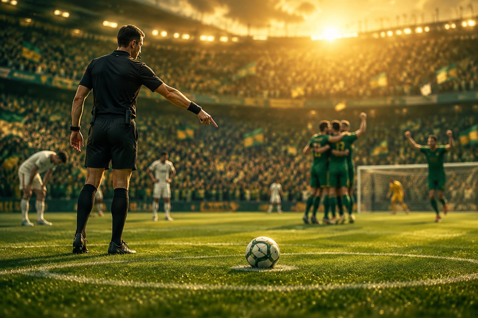 A referee points to the centre spot after a goal