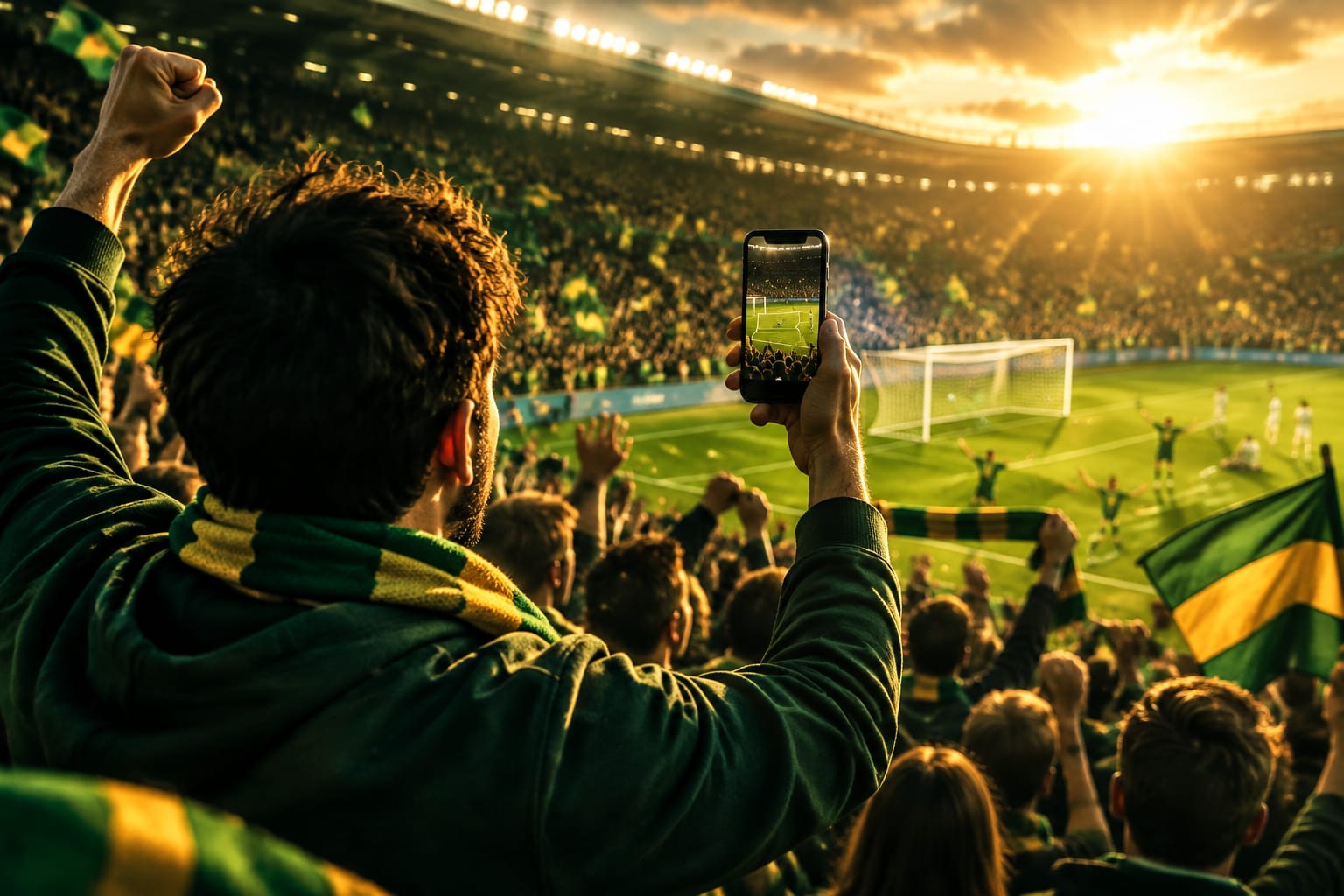 A supporter holds up a phone as a goal goes in