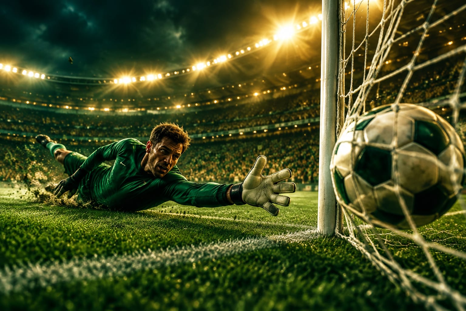 A goalkeeper dives as the ball crosses the line
