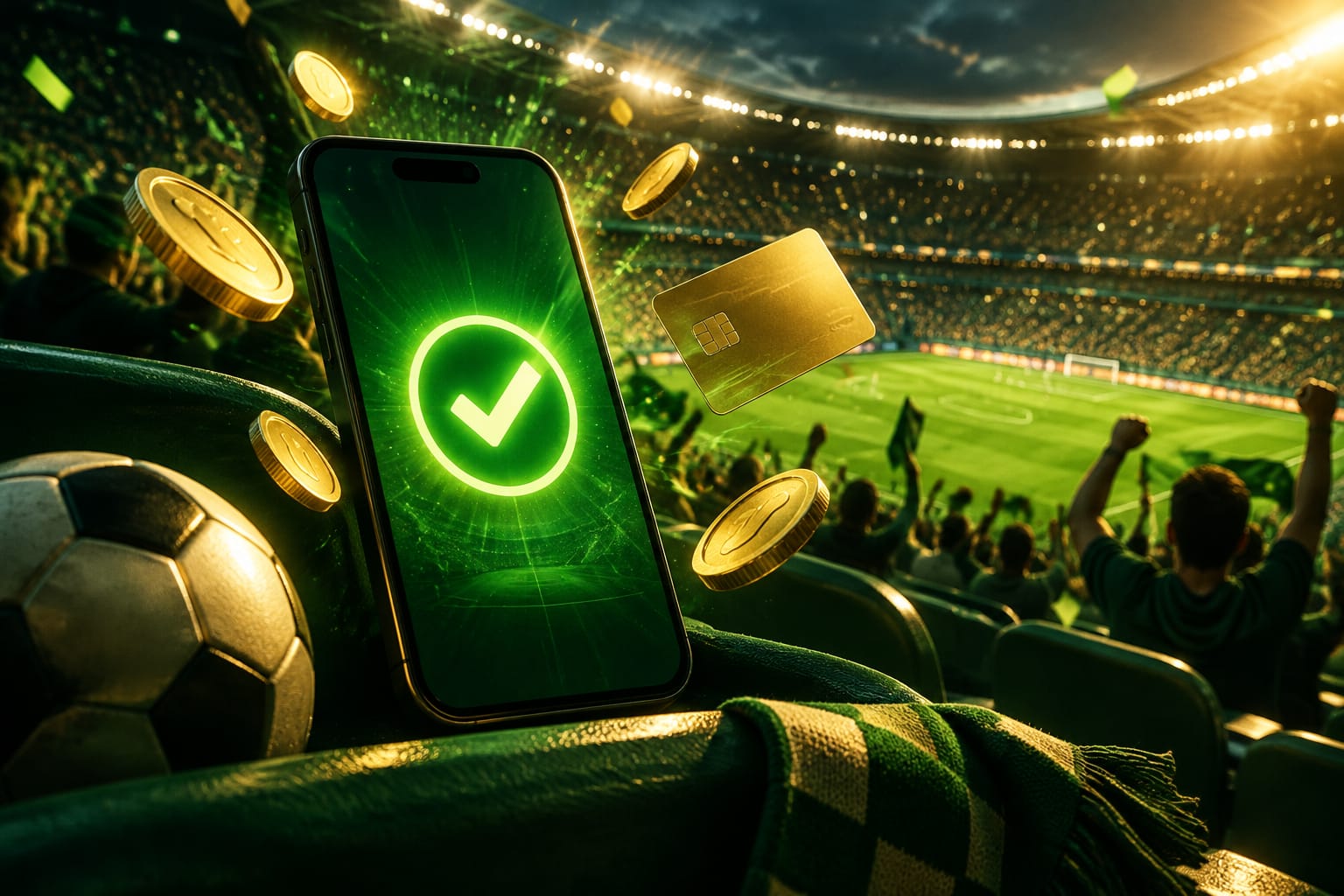 A phone shows a green tick in a stadium stand