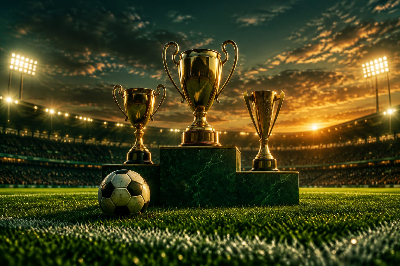 Three trophies on a podium on a football pitch
