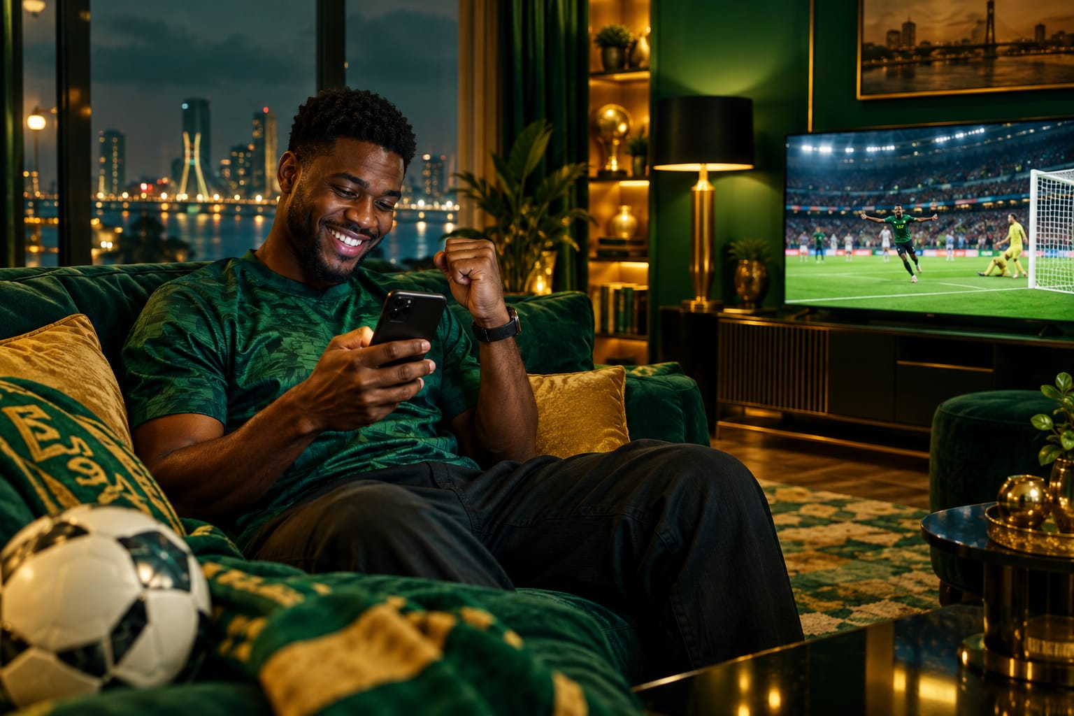 A man smiles at his phone in front of a match on TV