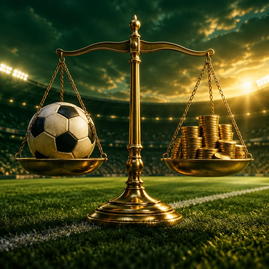 A golden scale balancing a football and coins