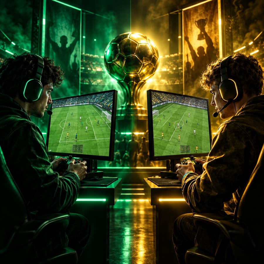 Two gamers duel on screens showing a football game