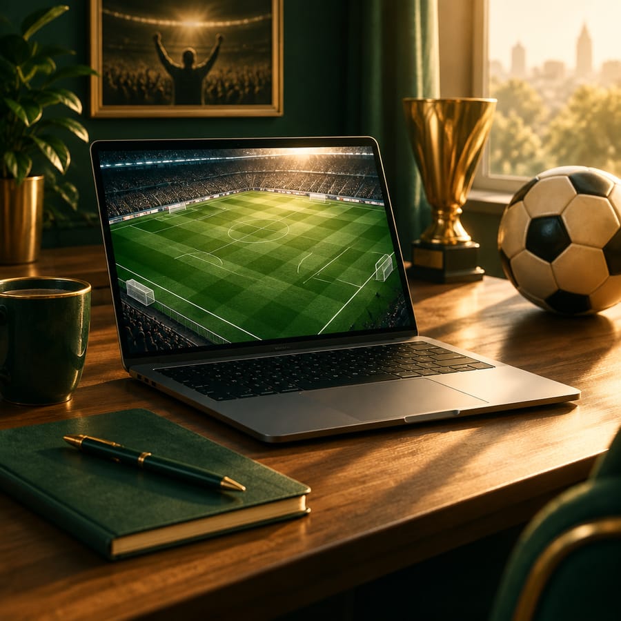 A laptop showing a football pitch beside a notebook