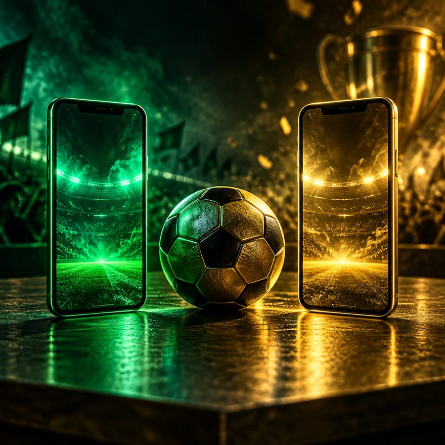 Two smartphones with a football between them