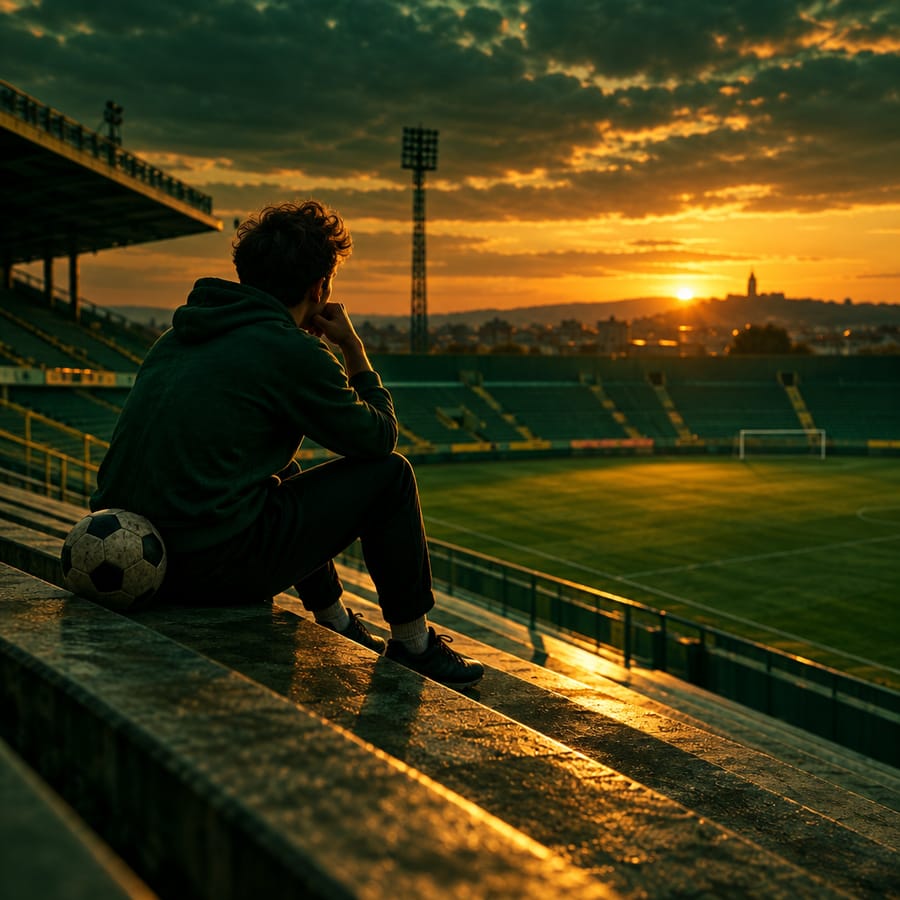 A lone figure sits on empty stadium steps at dusk