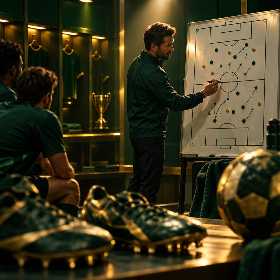 A coach explains a tactical diagram on a whiteboard
