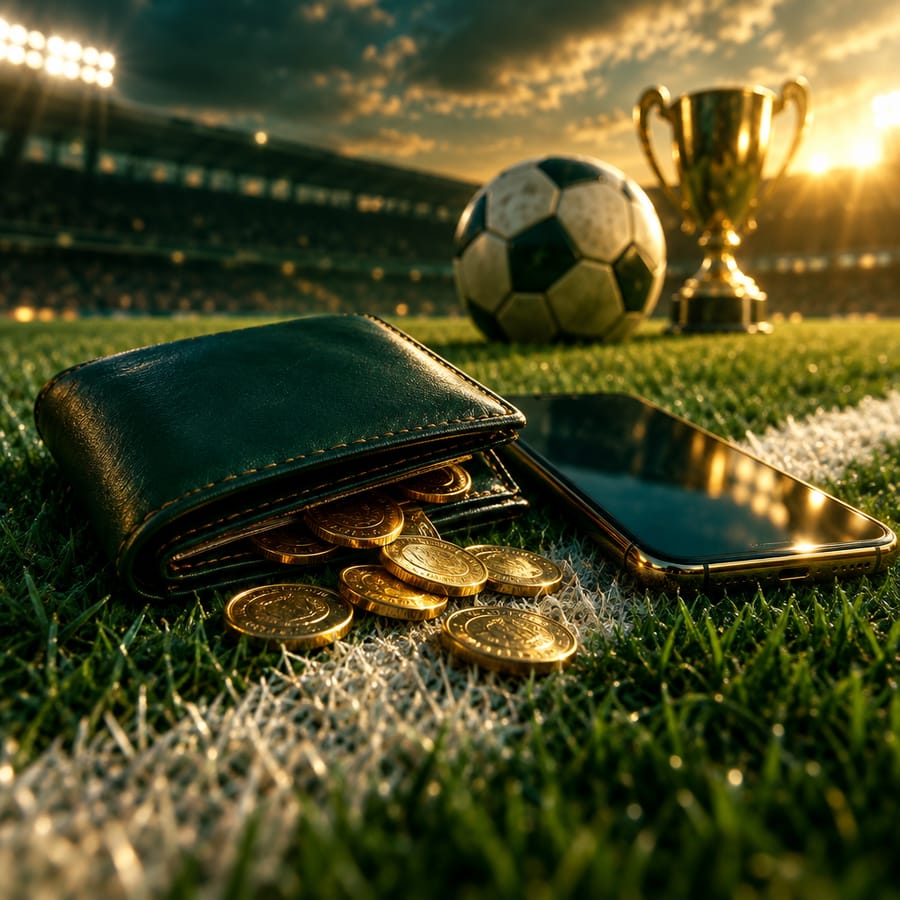 A wallet and a phone on a pitch line with coins spilling out